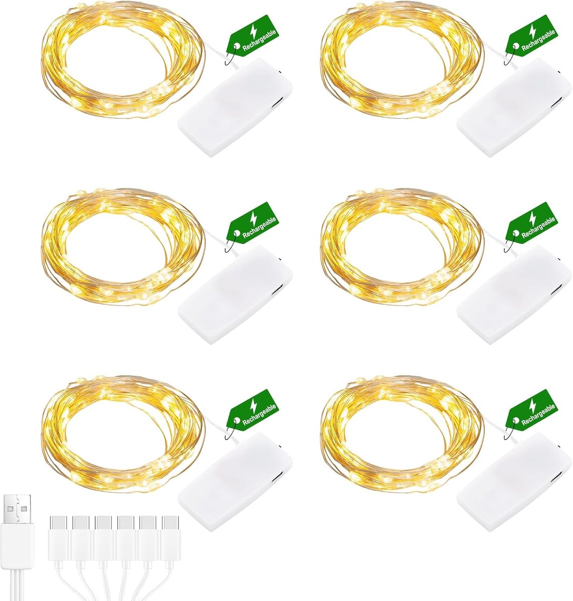 Mini-lichtsnoer, oplaadbaar, 2 m, 20 leds, warmwit, met USB-kabel, oplaadbaar, waterdicht, voor binnen voor Kerstmis, bruiloft, feest, decoratie