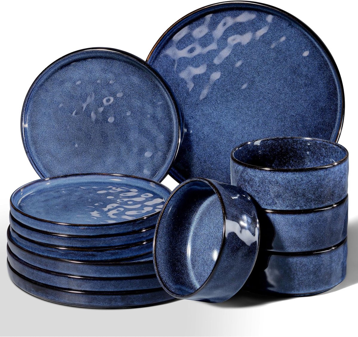 Serviesset, 12-delige serviesset voor 4 personen, edelblauw | Gecombineerd tafelservies met platte borden, dessertborden en mueslikommen, magnetronbestendig en vaatwasmachinebestendig