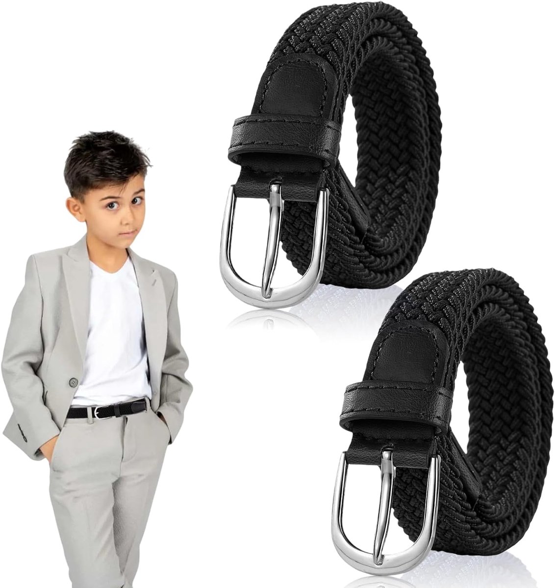 2 stuks kinderriem, gevlochten elastische riem voor jongens en meisjes, 3,3 cm breedte met metalen gesp, elastische golfriem, gevlochten riem, stretch stoffen riem voor broeken jeans (zwart)