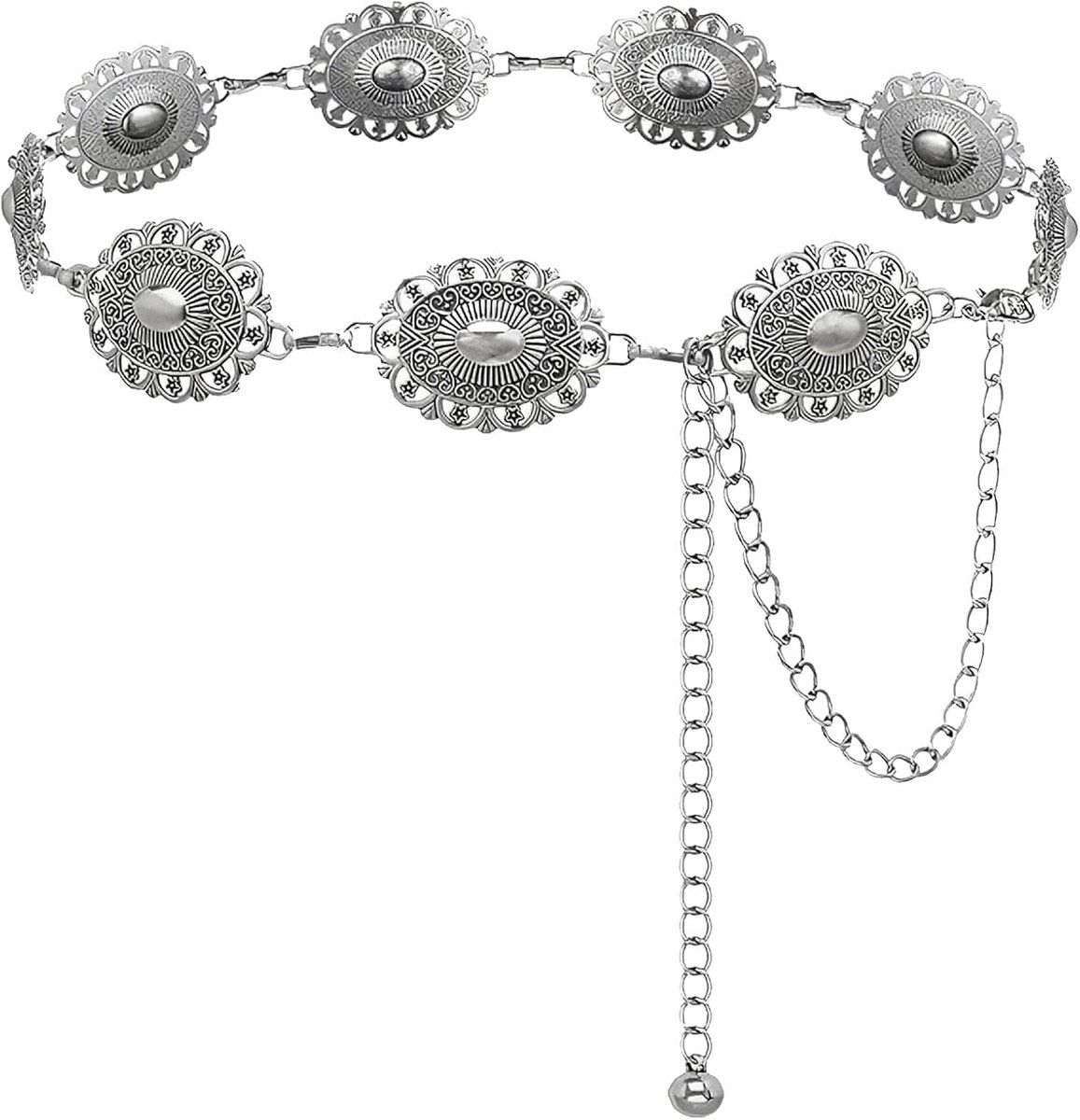 Western-Concho-Kettengürtel voor dames, Boho-Metalen riem voor country-concertjurken, jeans, cowgirl, vintage taille riem