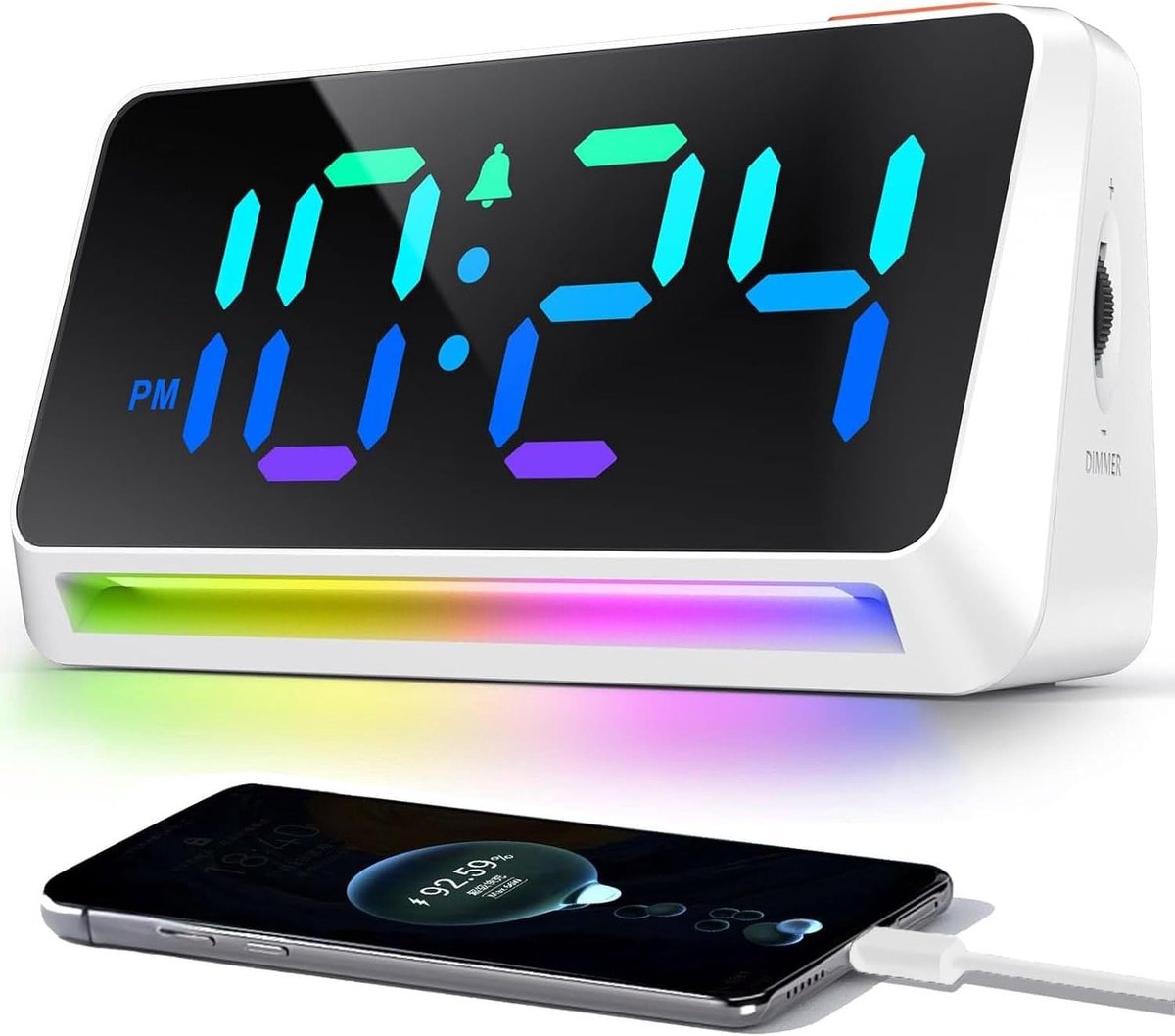 led-wekker met RGB-display, extra luid alarm (95 dB) voor diepe slapers, insteekbare nachtwekker met nachtlampje, USB-oplaadpoort en instelbare helderheid, jongeren en kinderen