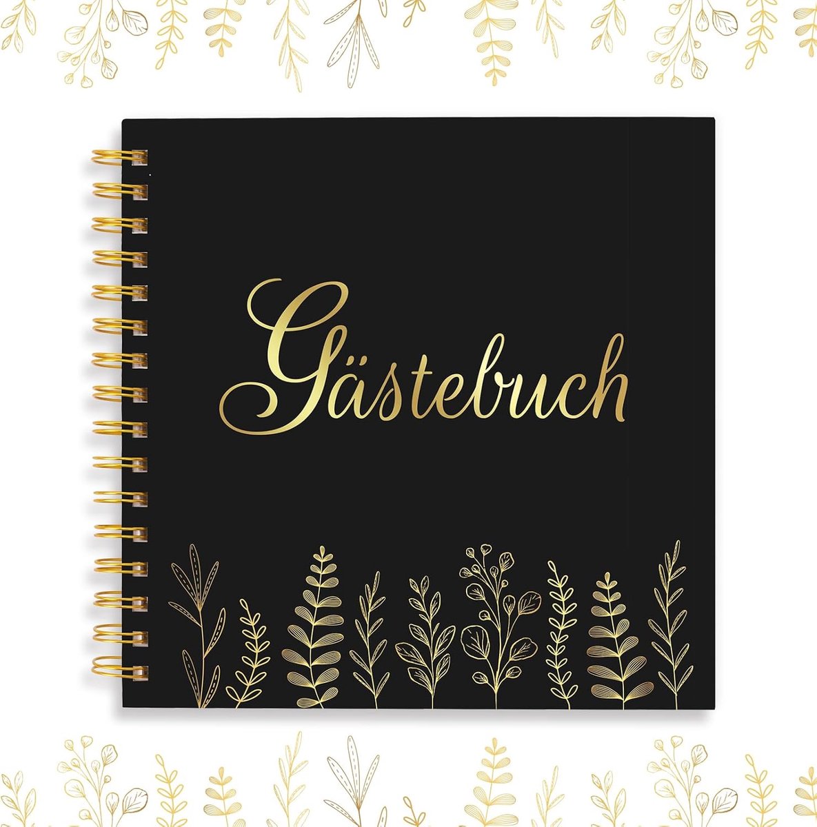 Gastenboek, zwart/goud, 42,5 x 21 cm, eucalyptus, herinneringsboek, bruiloft, herinnering, album, huwelijkscadeau voor bruiloften, jubilea, verjaardagen, vrijgezellenfeest, jeugdwijding (60