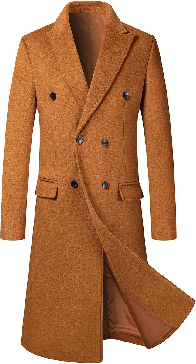 Heren lange trenchcoat dubbele rij knopen warme jas casual slim fit uitloper wol zakelijke winterjas peacoat