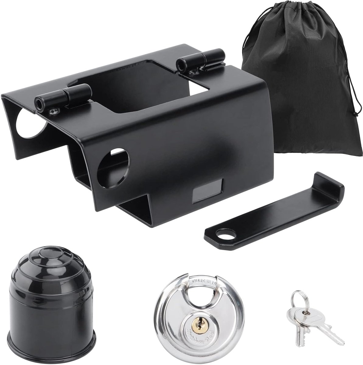 Aanhangerslot, met trekhaak, beschermkap en tas, aanhangerslot, diefstalbeveiliging, aanhangerbeveiliging, zwart