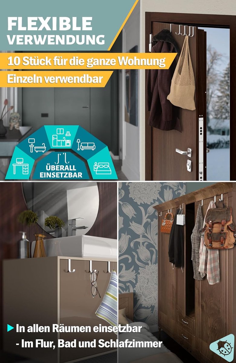 Deurhaken om op te hangen, roestvrij stalen kledinghaken deur, set van 10, wit | Individueel bruikbare haken om op te hangen in J-vorm, stabiele deurkapstok met hoog draagvermogen, deurhakenlijst