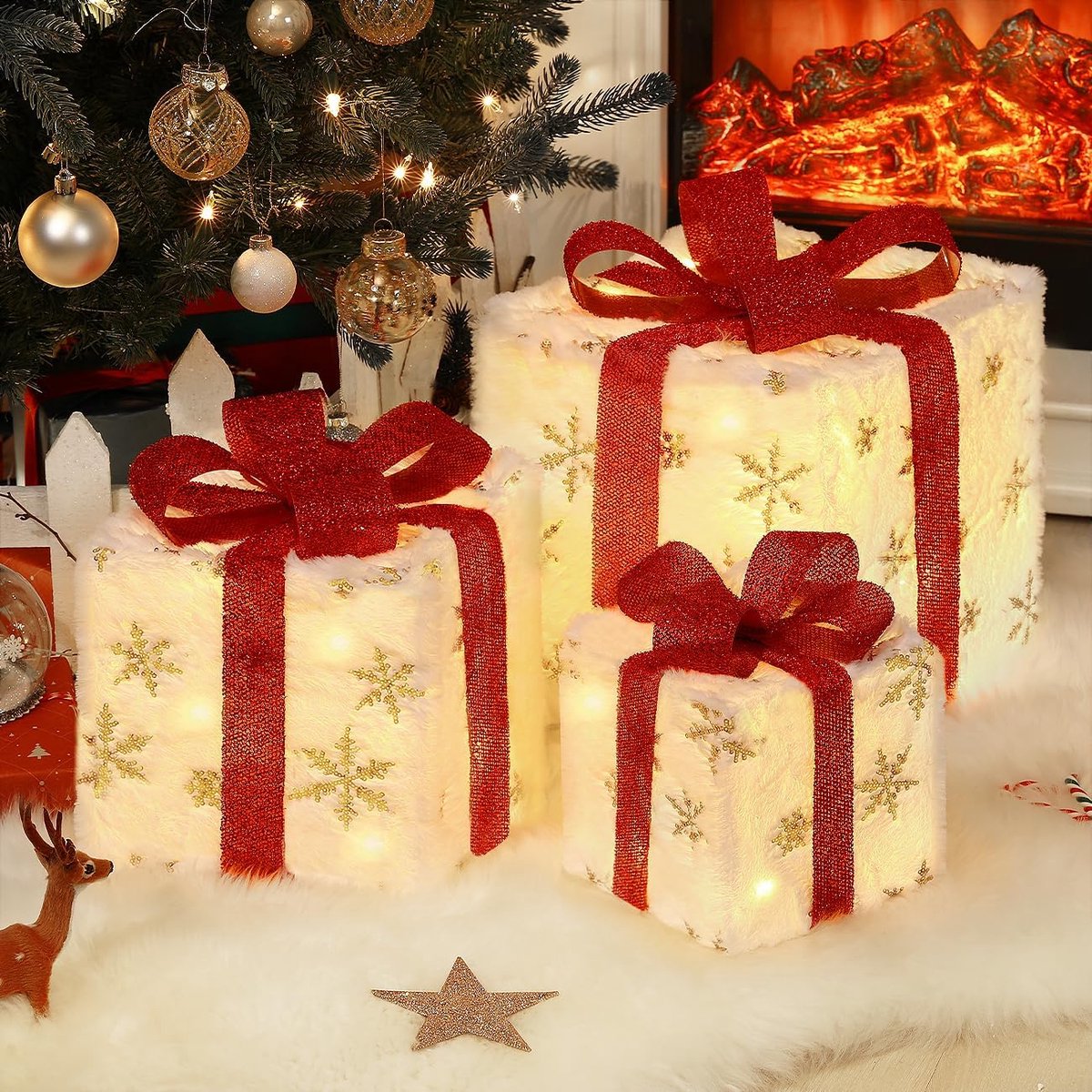 Lighted Gift Boxes, 3 PCS Large Outdoor Indoor Christmas Decorations with Remote Control, USB Plug in Under Tree Valet Snowflake Present with Bows, Xmas Decor for Home Porch Lawn