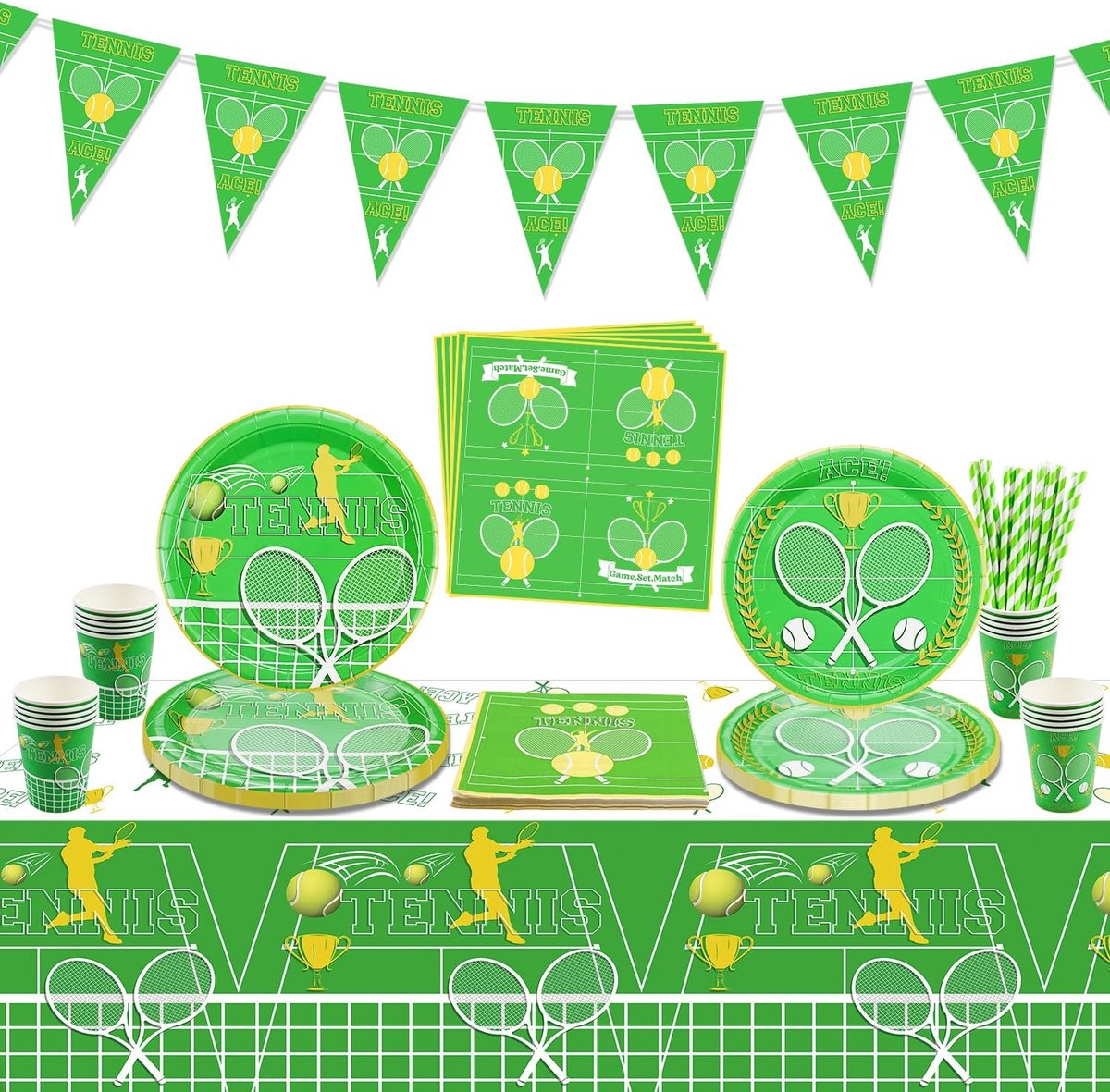 inclusief tennisvlag, tennistafelkleed, papieren borden, servetten, papieren bekers voor mannen, vrouwen, kinderen, verjaardagsfeestbenodigdheden, sportthemafeest, voor 20 gasten