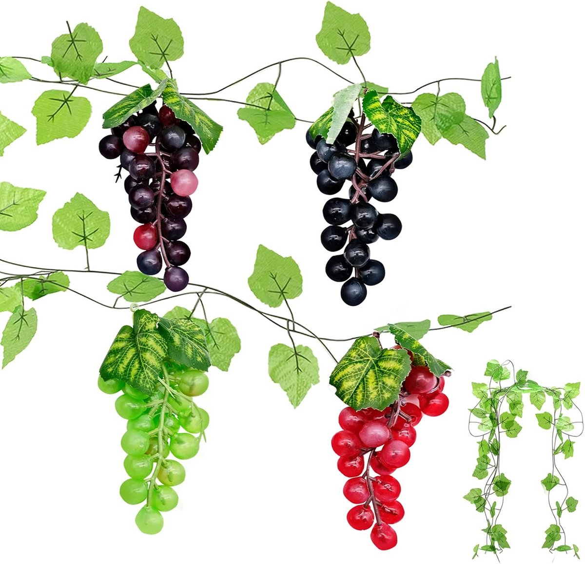 4 spiesjes kunstdruiven, druivenspiesen van kunststof met 2 stuks kunstdruiven, wijnstokken, kunstfruit- en groentedecoratie, om schietrekwisieten te maken