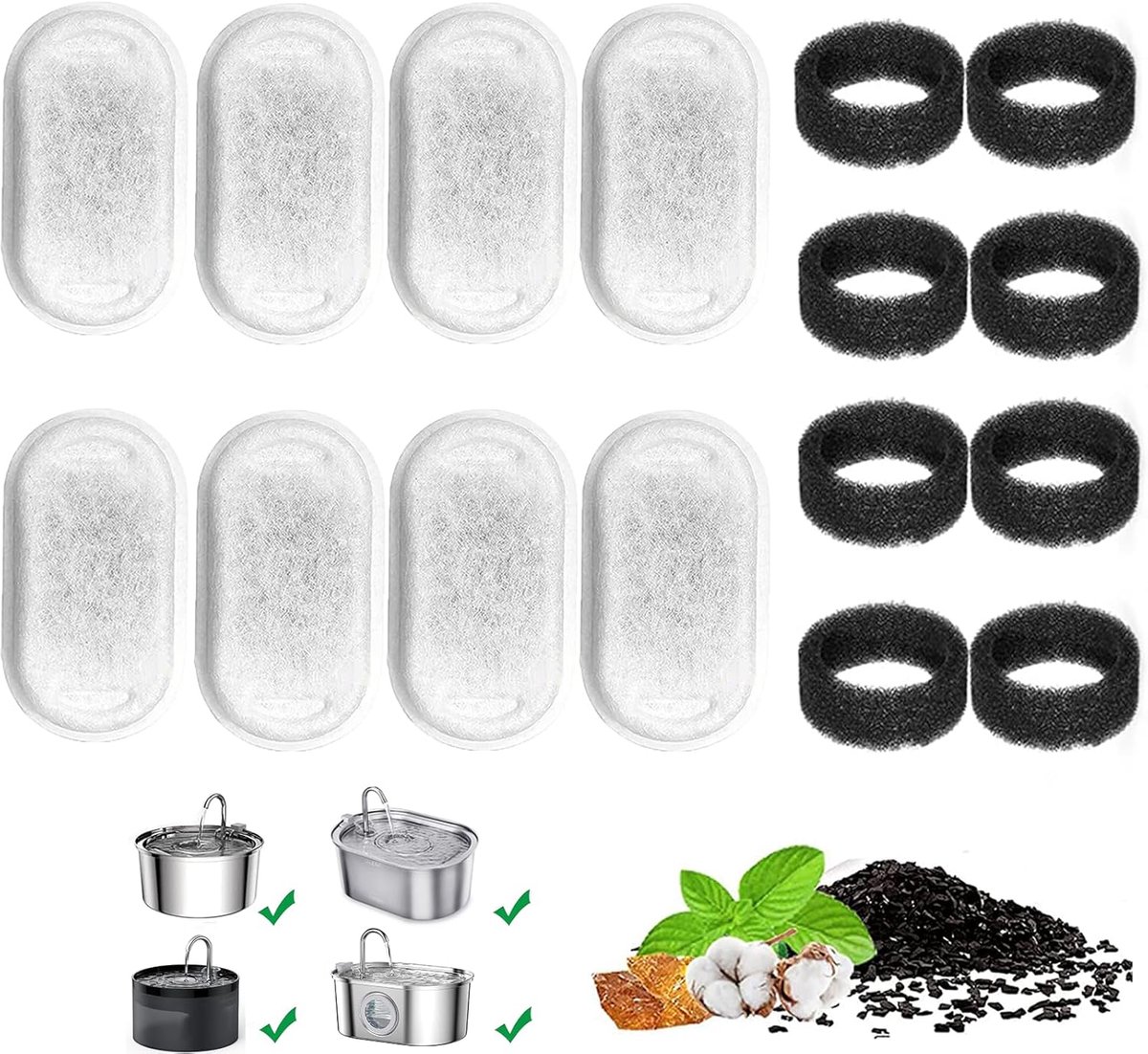 8+8 Packs Vervanging Filter Kat Water Fontein Voor Rvs Water Dispenser Huisdier Fontein 4 Filters met 4 Sponzen