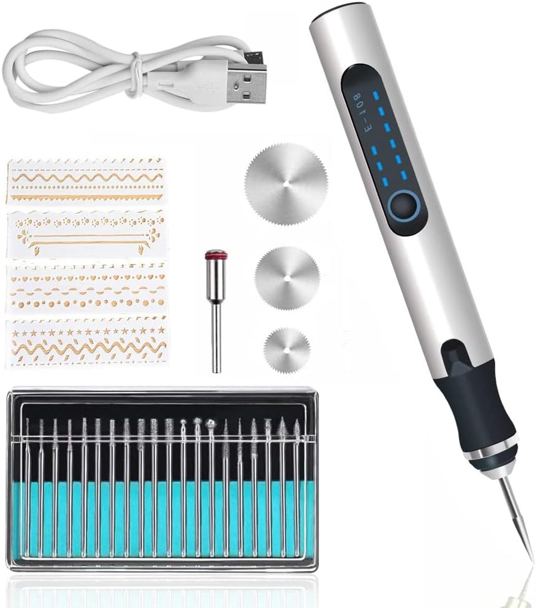 graveerinstrument kit USB oplaadbare mini doe-het-zelf micro graveur etspen draadloos draaiend instrument voor het graveren van glas, hout, metalen, steen, plastic, sieraden (zilverkleurig)
