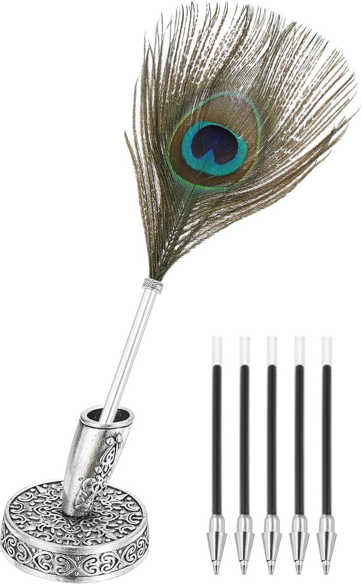 Pauwenveren balpennen bulk, metalen houder zwarte inkt vintage quill schrijfpennen met 5 stuks navulling voor kantoor, bruiloft handtekening, zilver