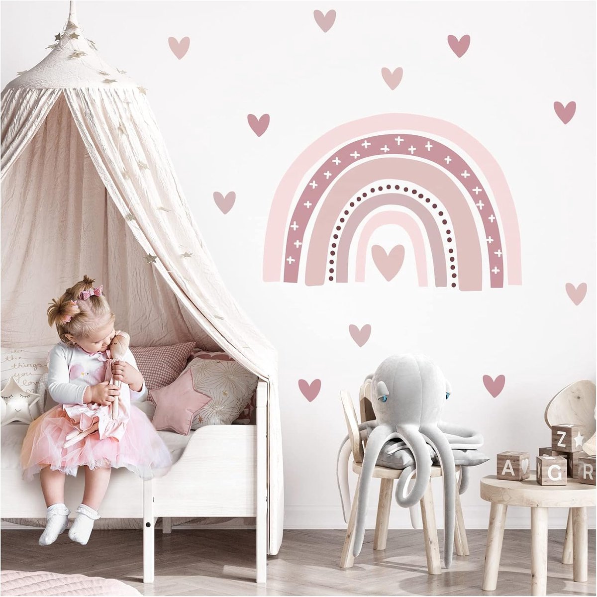 Deco Muurtattoo regenboog met hartjes, muursticker kinderkamer, muursticker babykamer, meisjedeco, DL934-3