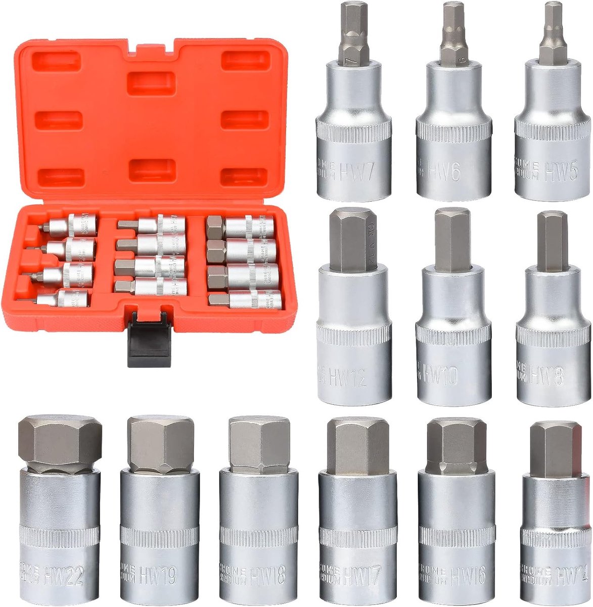 Socket Set, 12-delige Hex Bit Socket Set, Schroevendraaier Bits Set 5-22 mm, 1/2 "S2 legering Tool Staal Hex Socket Set