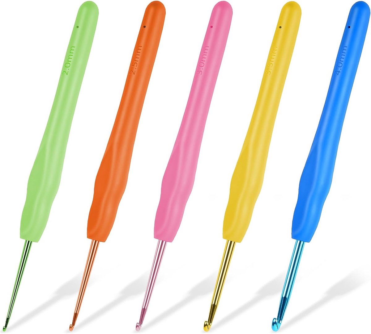 Haaknaalden, 5-delige haaknaaldenset, 5 maten Aluminium Crochet Haken Set met ergonomisch rubberen handvat, kleurrijke haaknaald voor beginners en ervaren haakliefhebbers