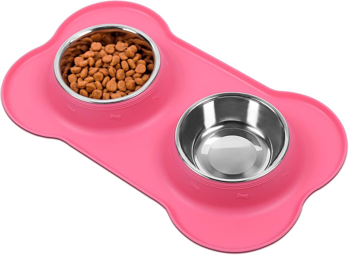 Voerbakken - Drinkbak - Voerbakjes Kat - Kattenvoerbakjes - RVS - Voedselveilig Siliconen - (Roze, Maat M)
