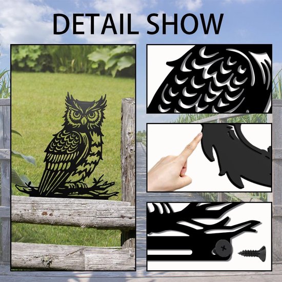 Metalen Uil op Tak - Ijzer Tuin Decor met Zwart Silhouet Vogel voor Outdoor Hek, Boom en Muur Art Ornamenten — afbeelding 2