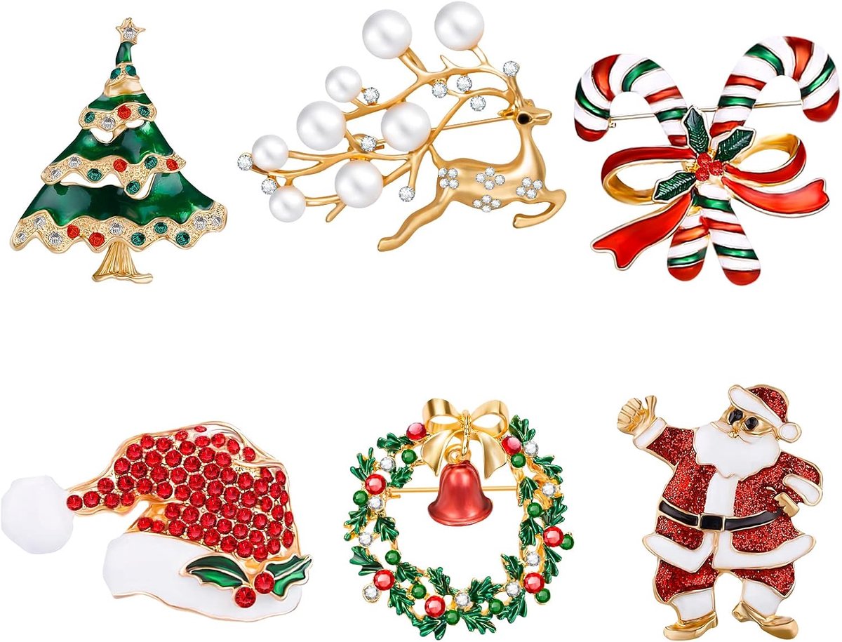 6 stuks kerstbroche pin set met strass kristal kerstversiering voor vrouwen kinderen Kerstmis kerstcadeau