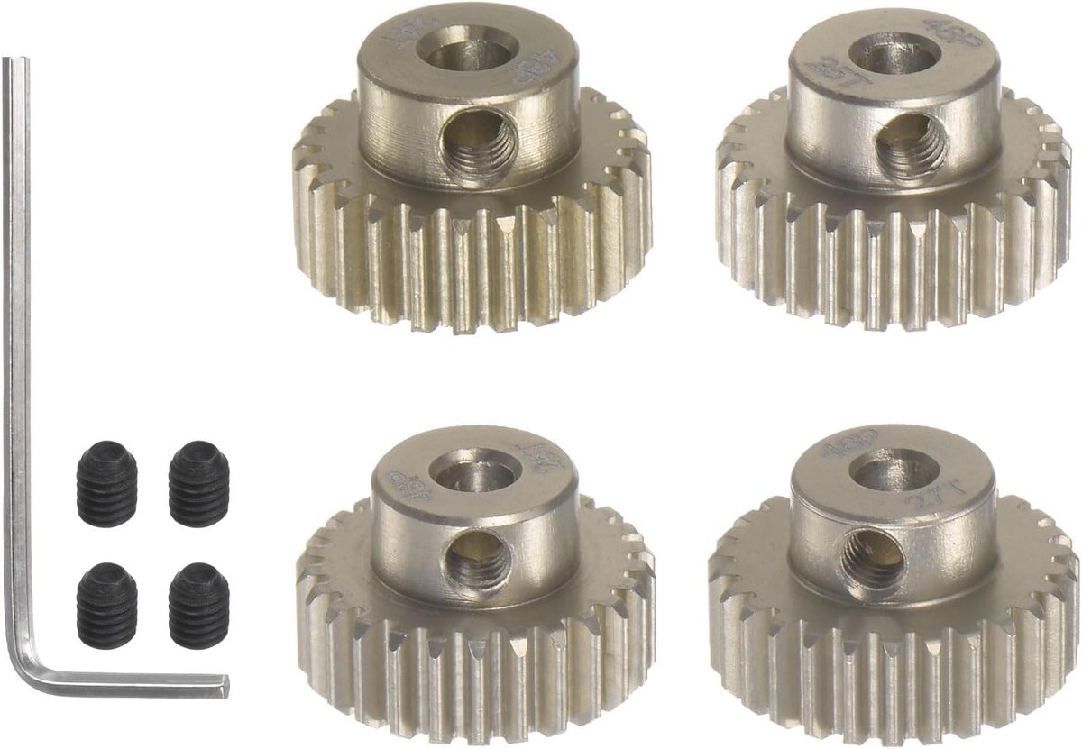 sourcing map 4 stuks 48P geharde tandwielen motor transmissie set 24T 25T 26T 27T past op 3,175 mm RC motor as 48 afstand 7075 aluminium tandwielen voor RC auto met zeskantige sleutel
