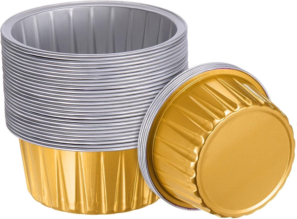 Gouden cupcake-bekers, 50 stuks, standaard cupcake-vormpjes, aluminiumfolie, 15 ml, wegwerp-cupcake-vormpjes voor desserts, benodigdheden voor verjaardagsfeesten, bruiloftsdecoraties