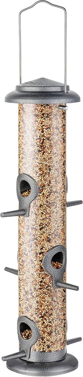 iBorn Metalen Vogelvoeders, zilveren, wilde vogelvoeders, voor buiten, ophangen, alle metalen zilveren afwerking, 15 inch, 6 poorten (zaad is niet inbegrepen)