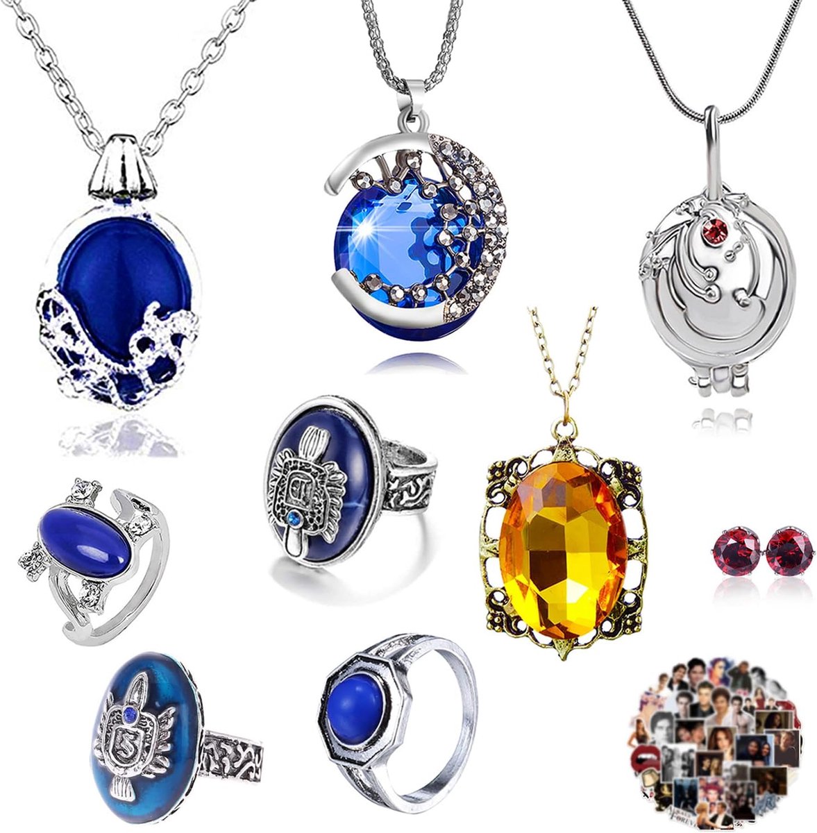 29 stks De Vampire Diaries Sieraden Sticker Set Elena Gilbert Opening Vervain Medaillon Hanger Ketting Dagwandelen Katherine Sapphire Crystal Ring Rode Diamant Stud Oorbellen, Zink, Geen