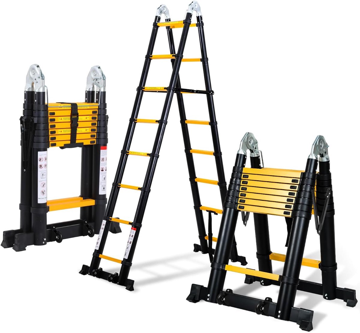 Telescopische ladder, vouwladder, aluminium, multifunctionele ladder met afneembare dubbele katrollen, maximale belasting 150 kg, multifunctionele ladder, antislip, zwart/geel