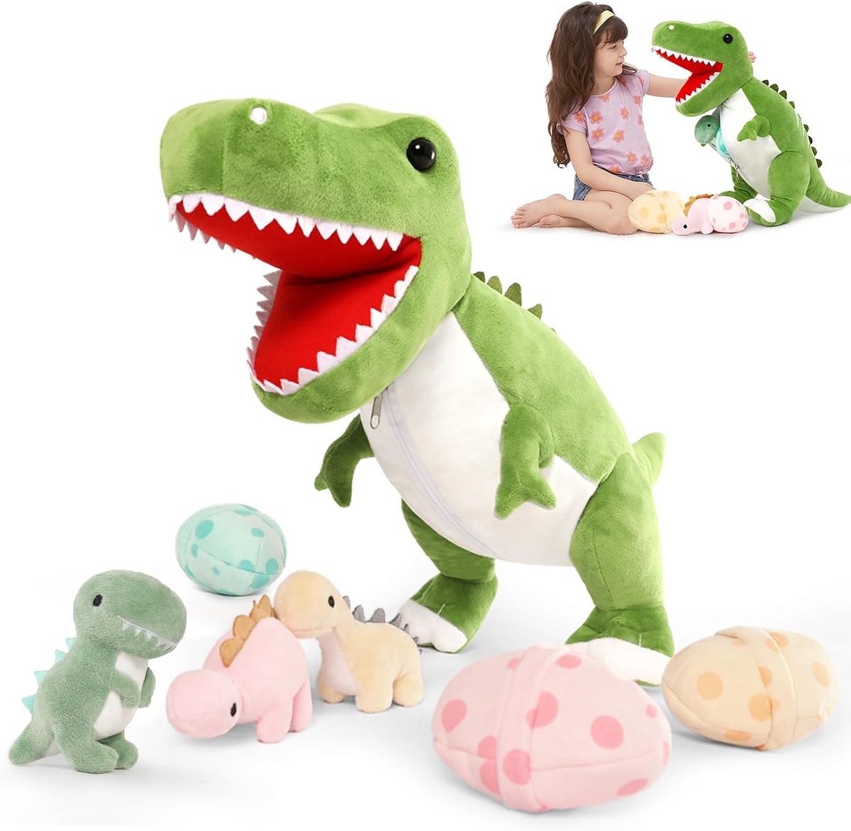 Mama Dinosaurus Knuffeldier met 3 Baby Dinosaurussen Teddy in Eieren, Knuffel Tyrannosaurus Rex Pluche Zacht Speelgoed voor Kinderen Jongens Meisjes Verjaardagscadeaus Kerstmis 58cm