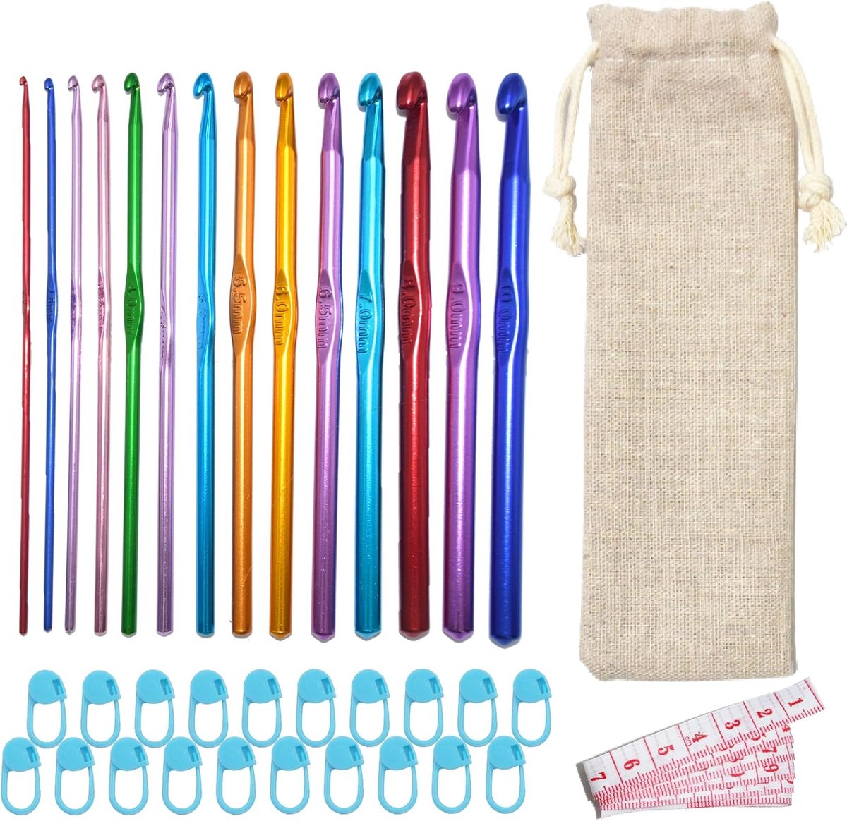 Haaknaaldenset, 14 maten, 2 mm-10 mm, veelkleurige aluminium breinaalden met 20 markeernaalden, ergonomische Tunesische haaknaalden voor beginners, kant handwerk, breien