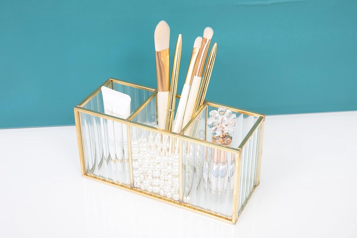 3-vaks glas en messing cosmetische opbergorganizer make-up opslag opslag voor borstels, eyeliner, pen, lippenstift en meer