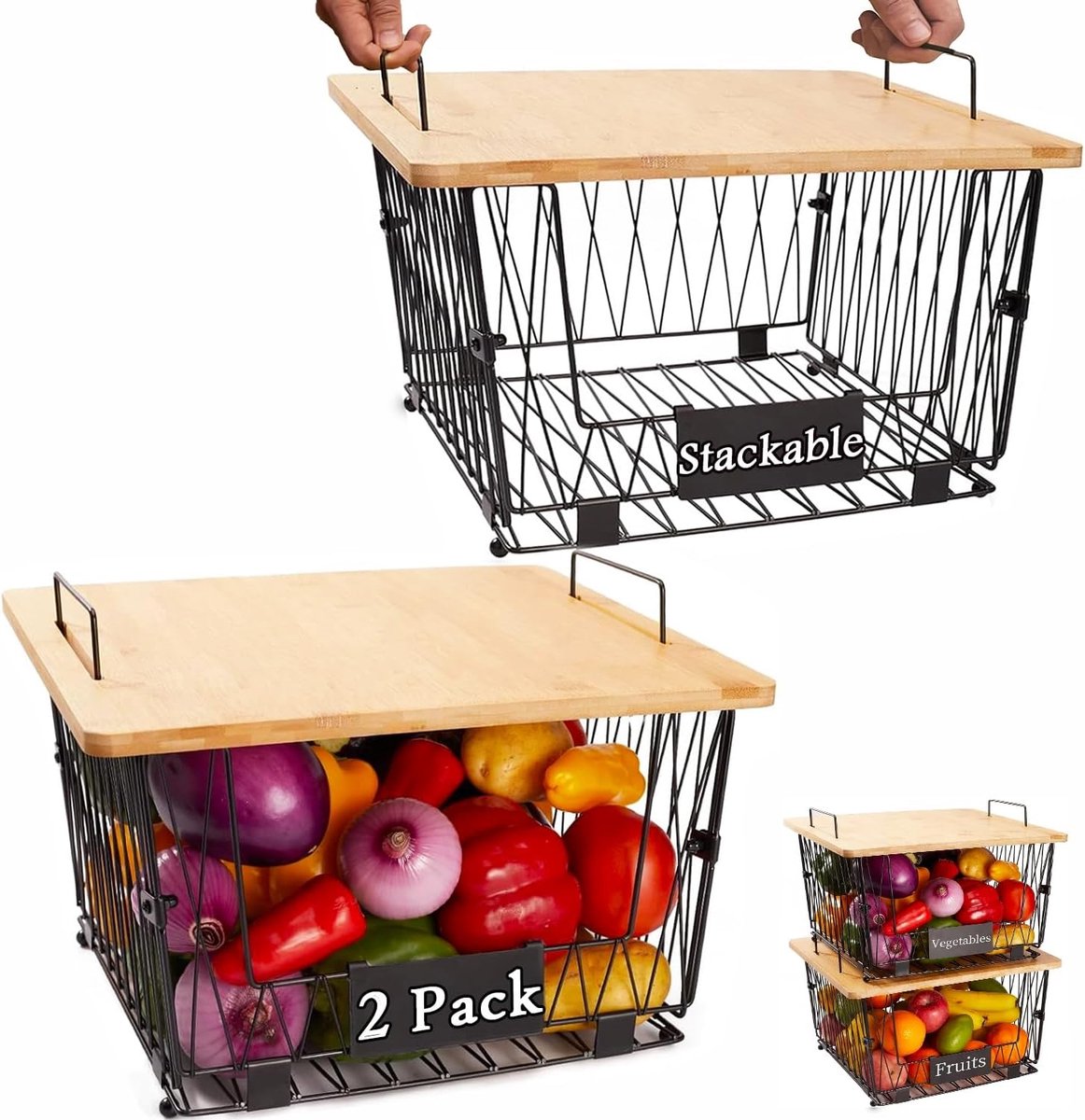 draadopbergmanden met houten deksel, set van 2 stapelbare opbergmanden voor in de keuken voor fruitgroente - grote metalen bak voor voorraadkast organisatie en opslag, zwart