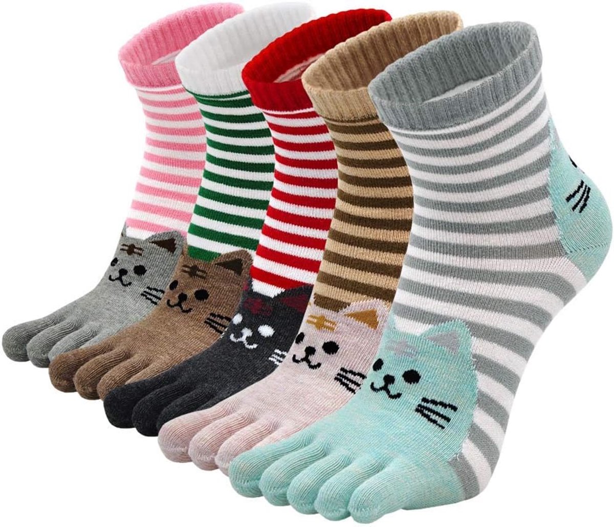 Bunte Lustige Zehensocken Dames 5 Finger Socken aus Baumwolle Tier Socken Süß Karikatur Katze Hund Socken Kawaii Sneaker Socken mit Zehen, Größe 35-41, 5 Paare