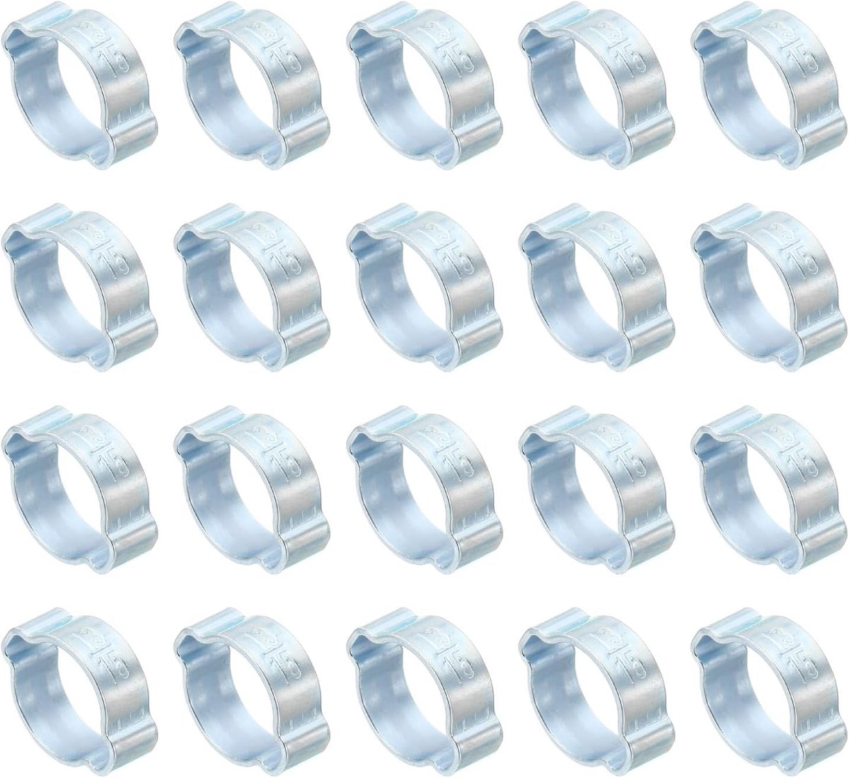Set van 20 stuks 13-15 mm dubbele oorslangklem, gegalvaniseerde stalen O-clip krimpringen voor brandstof benzine buis buismontageverbindingen, zilverkleur