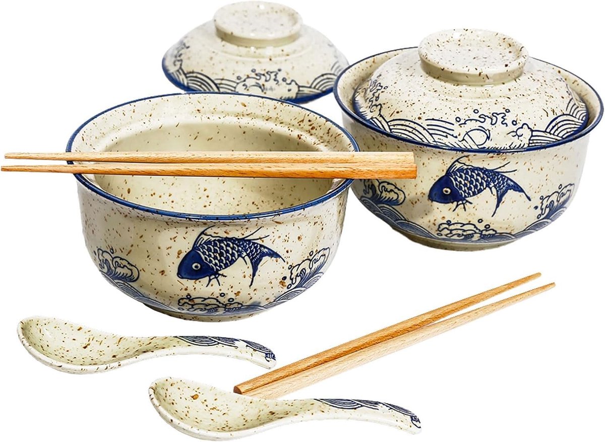 ramenkomset, 800 ml, met deksel, lepel en eetstokjes, Japanse vintage grote soepkommen, instant noedelkom, Aziatisch servies (vis x 2)