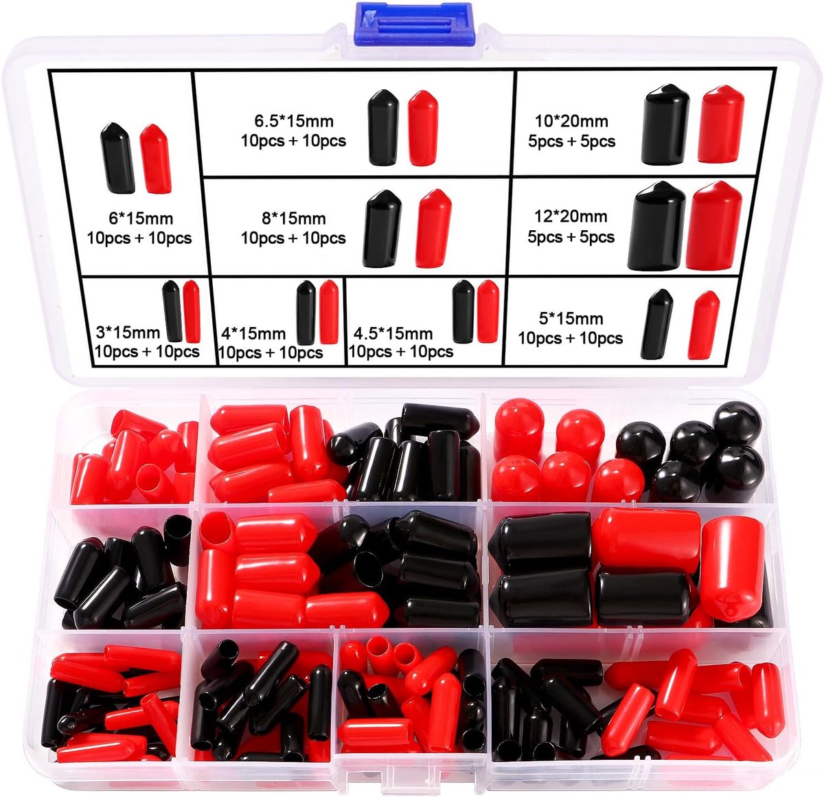 160 Stuks 9 Maten 3-12 mm Rubberen Eindkappen Assortimentset, Schroefdraadbescherming Ronde Buis, Ronde Flexibele Eindkappen van Vinyl, voor Schroeven, Buizen, Kabels, Draden, Zwart en Rood