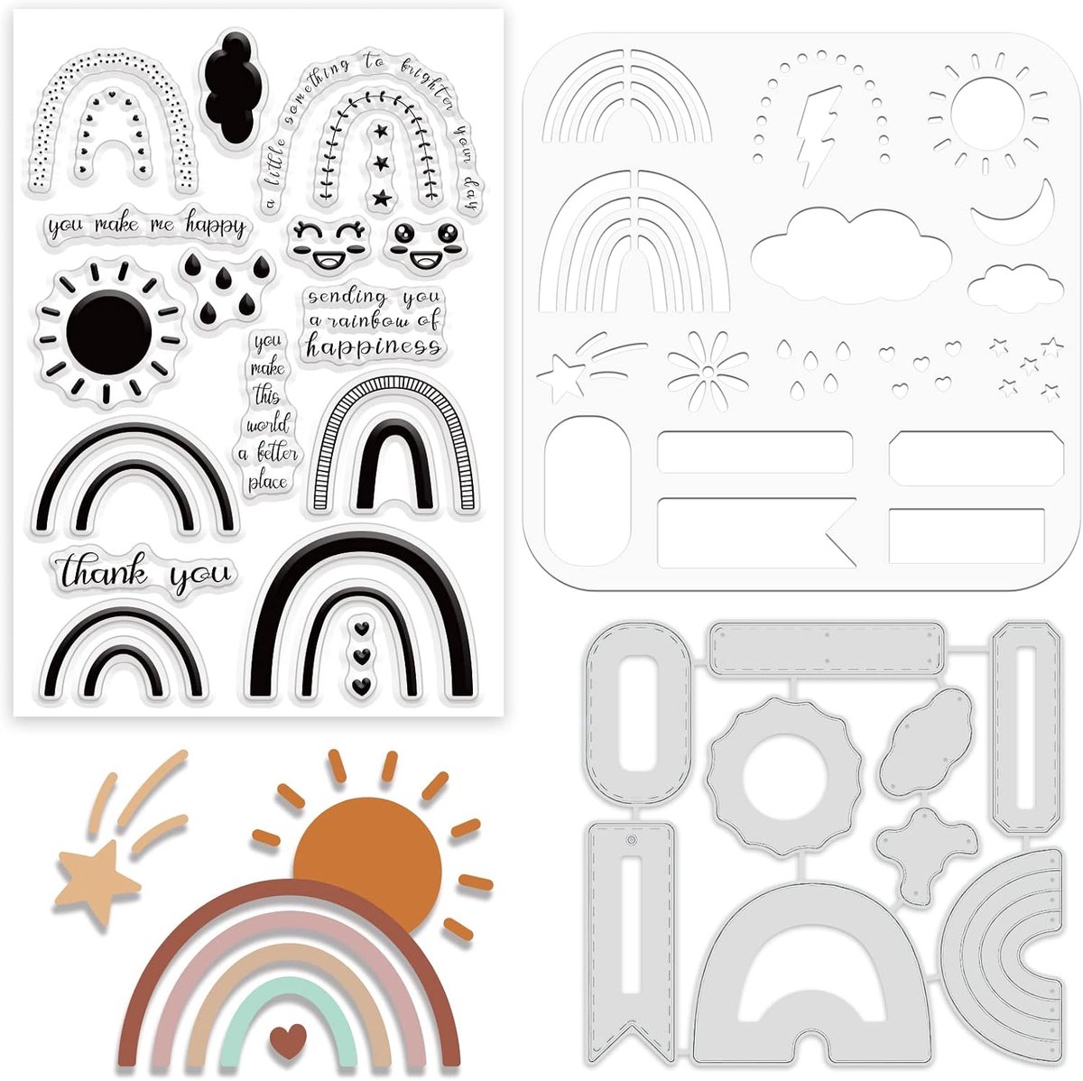 Regenboog Wolken Stempel Die En Stencil Sets Voor Kaarten Maken Zon Regendruppel Metalen Snijden Die Siliconen Stempel En PET Template Sets Voor DIY Scrapbooking Embossing Album Decoratieve