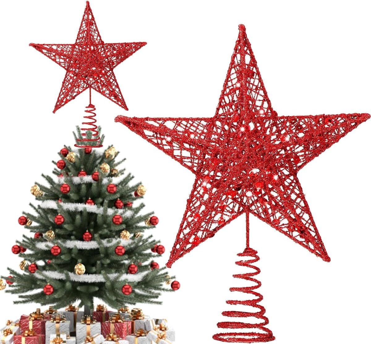 Boompiek rode ster, kerstboompiek, topper van metaal, met 3D-glittereffect, robuust voor feestelijke decoratie, licht en stabiel, 22 x 20 cm