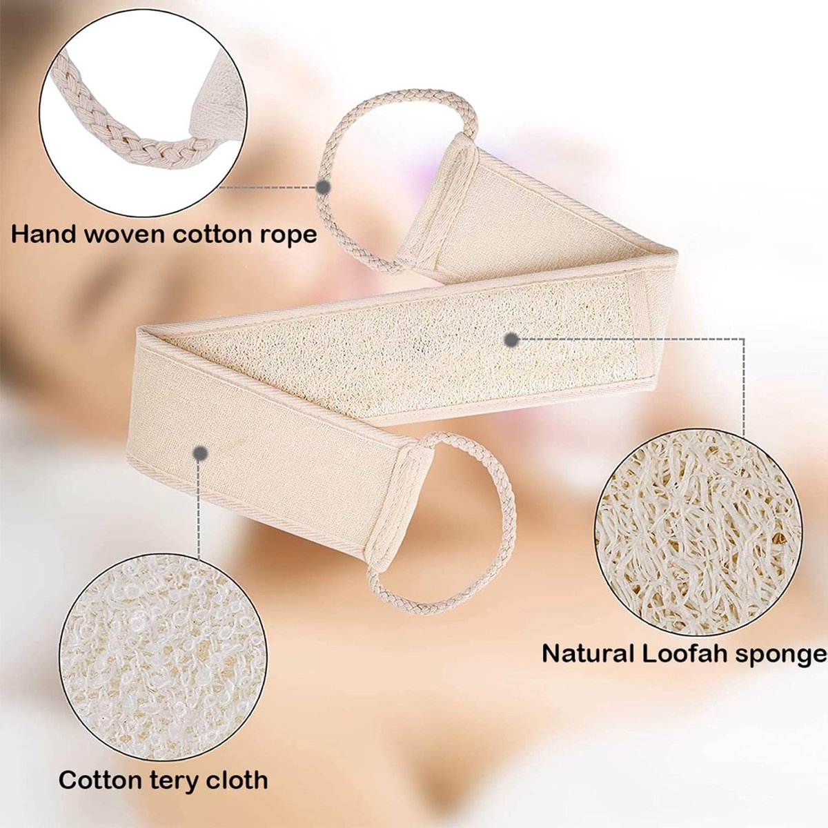 Luffa-spons, rugscrubber voor bad en douche bij, bodypad met rugriem, lichaamsspeelingspons, rugrubber, luchtfassponzen