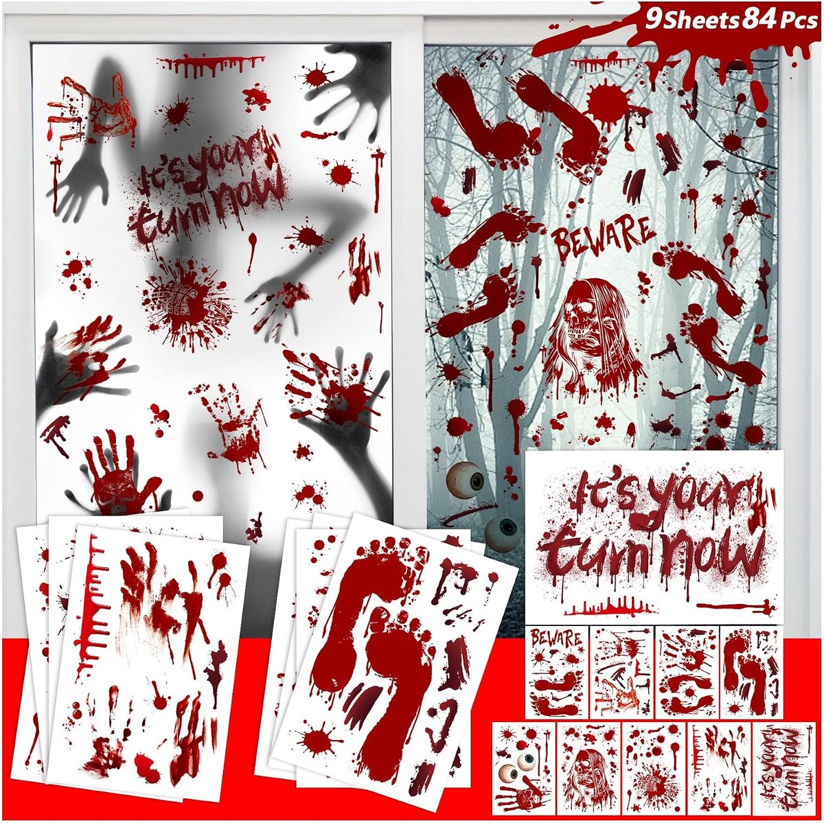 Halloween raamafbeeldingen, 9 vellen Halloween raamstickers, 84 stuks, Halloween stickers voor Halloween feestdecoratie, griezelige raamstickers, zelfklevend voor Halloween-decoratie, feest
