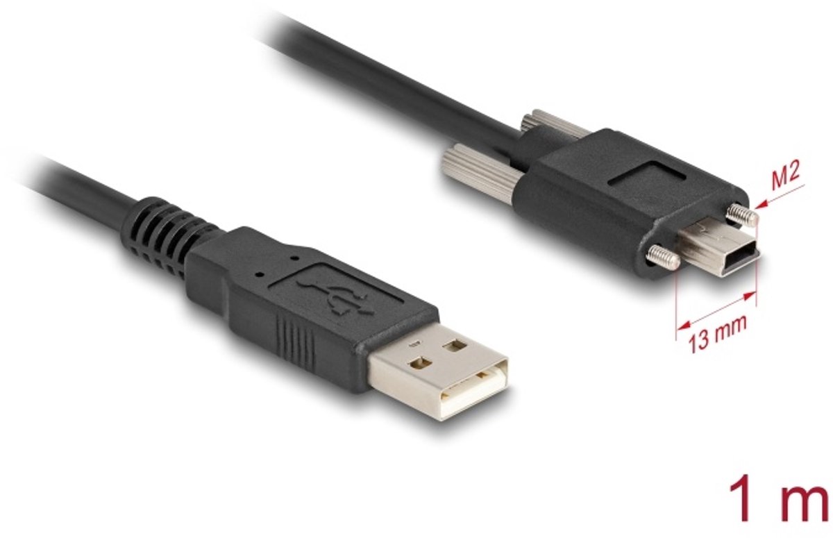 Image of Delock USB 2.0 Cable Type-A male to Type Mini-B male with screw distance 13 mm 1 m black