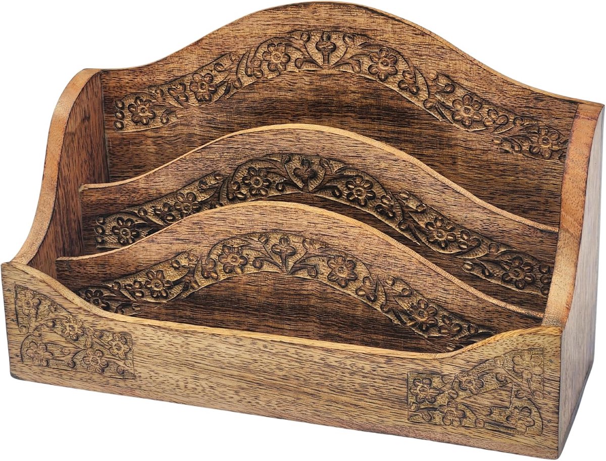Gesneden Houten Brievenrek/Bureau Netjes - Drie Compartimenten Mango Massief Hout Vrijstaande Posthouder voor Thuis