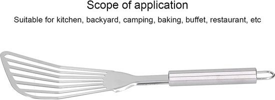 spatel met sleuf, roestvrij staal dik gepolijst vis draaier ergonomisch handvat flipper anti-aanbak kookgerei gereedschap met opknoping gat voor keuken camping restaurant — afbeelding 3