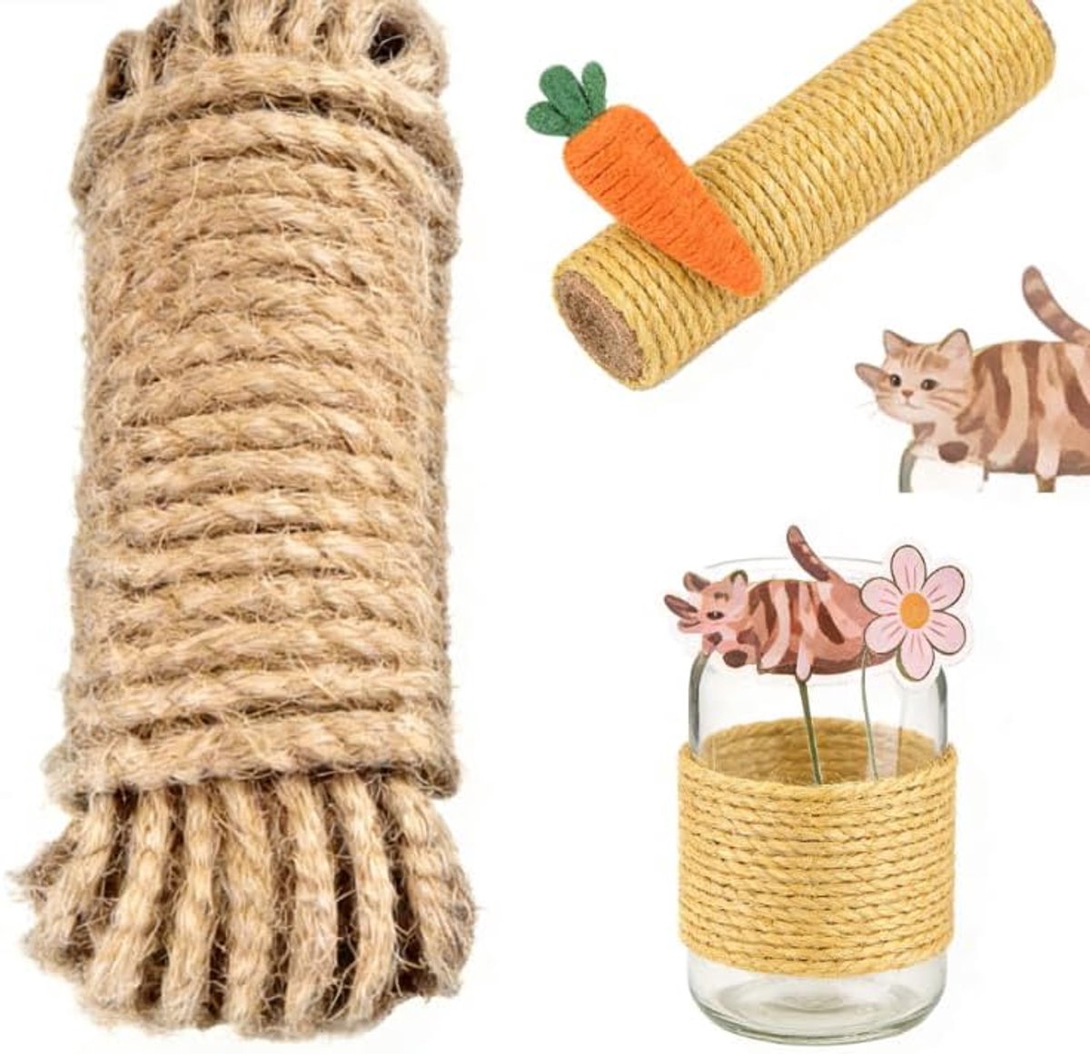 Touw, 10 mm x 10 m, jute touw met handgemaakte decoratieve accessoires, decoratie voor kunsthandwerk, tuin, kunst, verpakking, binding, kattenkrabber, postboom