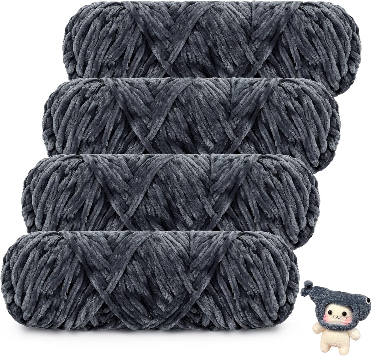 Fluweel chenillewol om te haken, 400 g (4 x 100 g) fluwelen chenillegaren, super pluizige dikke wol om te breien, zachte fluweelachtige chenillewol voor sjaal, deken, trui - donkergrijs