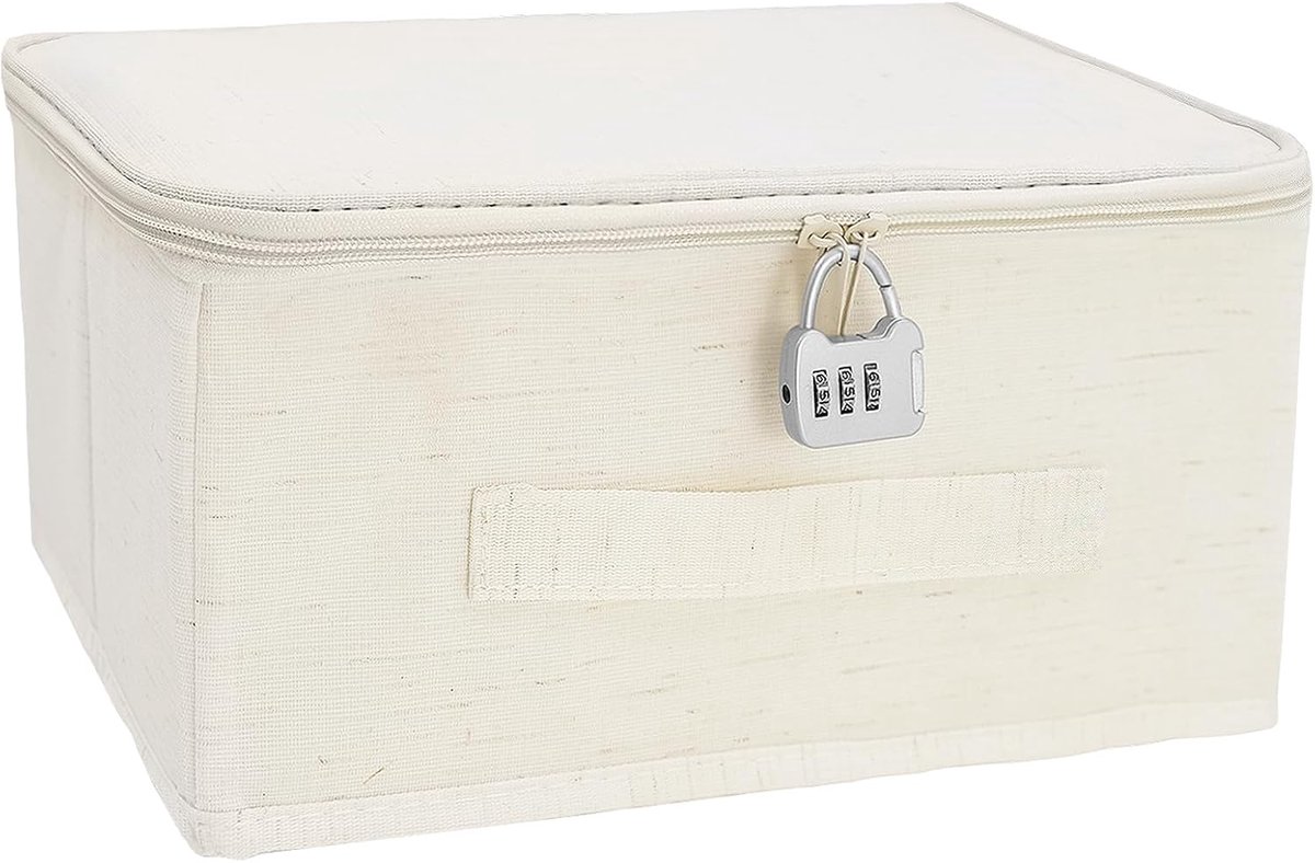 opbergdoos, afsluitbare doos, opbergdoos met deksel, stof, opvouwbare stoffen box met slot, voor beddengoed, kleding (30 x 20 x 14 cm)