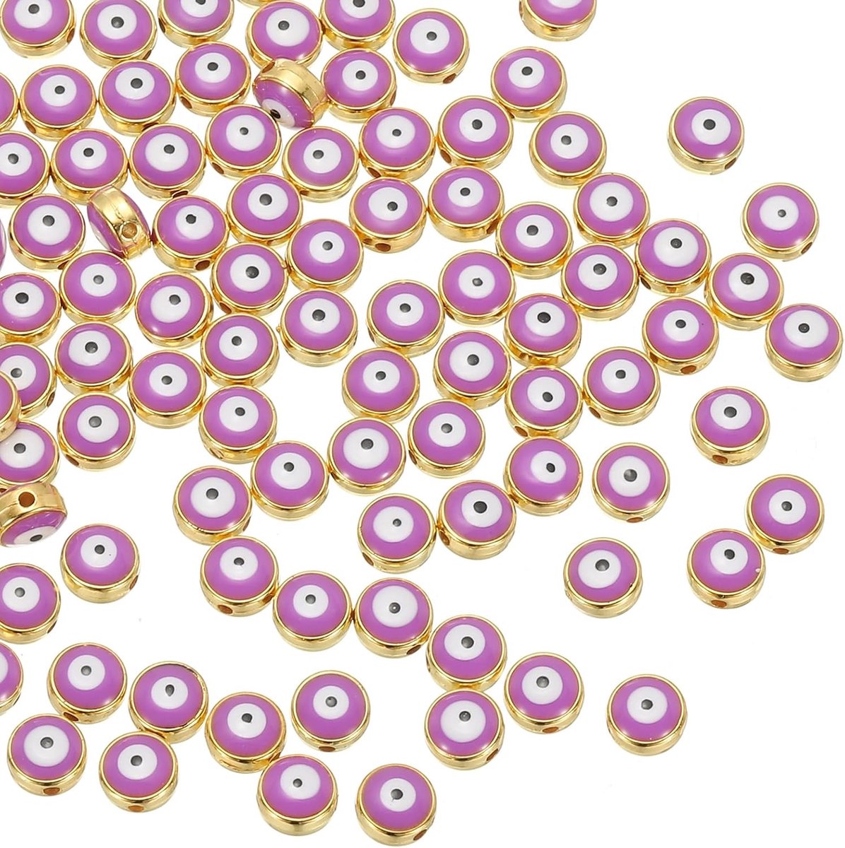 Kralen, 100 stuks platte ronde Turkse boze oog charme met gouden rand spacer kralen oogbal kraal voor armband doe-het-zelf ketting oorbellen maken, paars