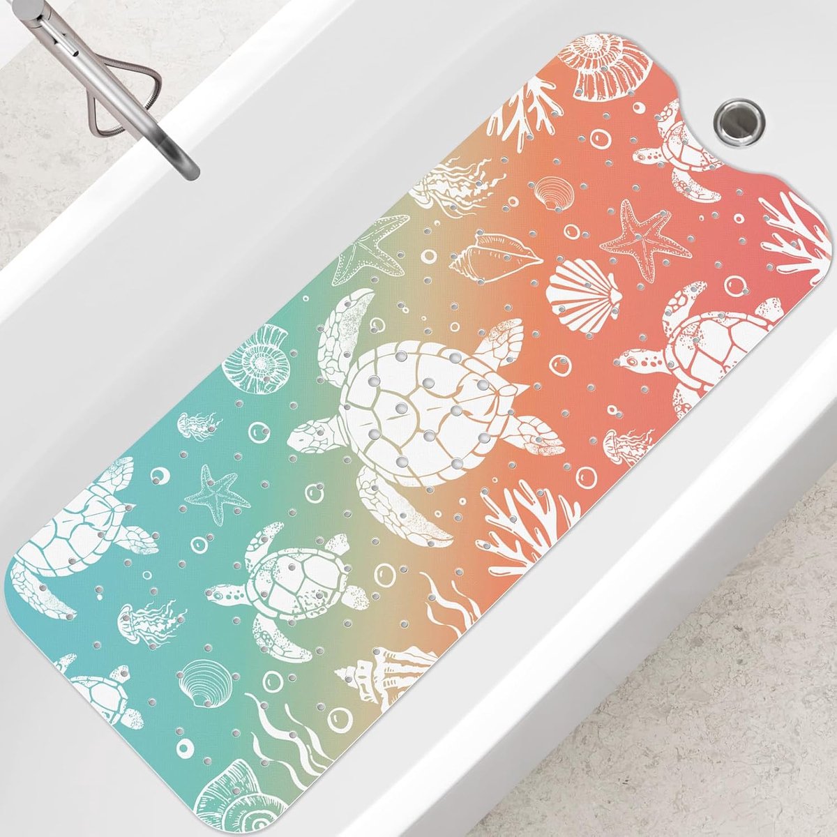 Badmat, antislip, 100 x 40 cm, extra lang, antislip, voor badkamer, machinewasbaar, zeeschildpad