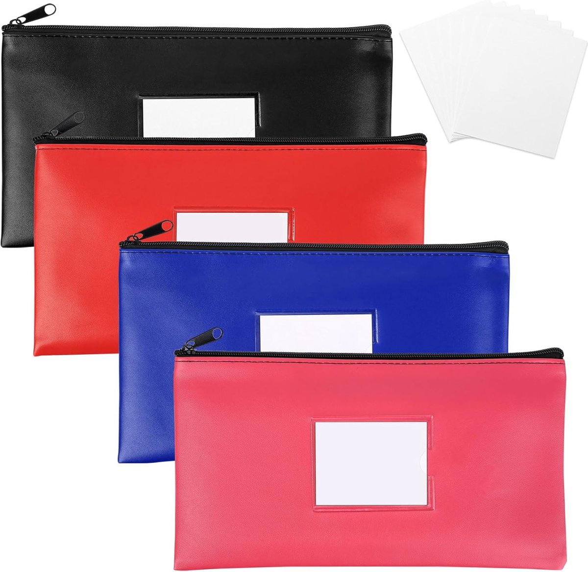 4 Stuks Geldtassen Banktas Leren Bankmap, Geldmap met Rits, Money Bags Geldtassen, Portemonnee met Venster Geldtas Organizer voor School Huishouden Zakelijk, met 8 Blanco Kaarten