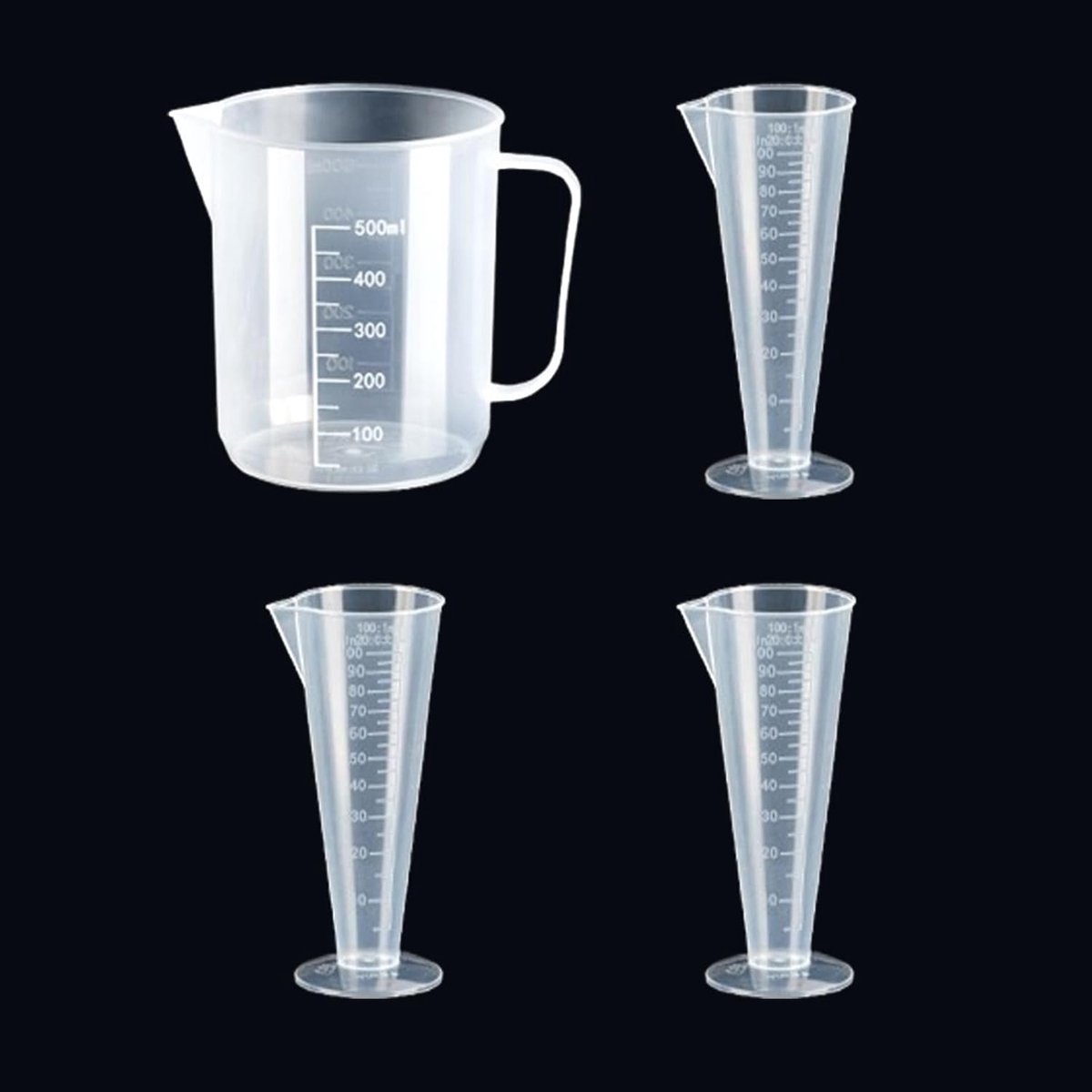 Maatbekers 100 ml, 500 ml, kunststof maatbekers met schaalgreep, precisiemaatbeker, hittebestendig, voor laboratorium, bakkerij