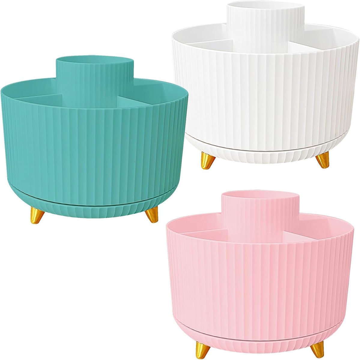 3 stuks cosmetica-organizer, draaibaar, 360 Gard draaibare make-uporganizer met 5 vakken, multifunctionele make-uptafelorganizer voor slaapkamer, badkamer, 15 x 12,5 cm, wit/roze/turquoise