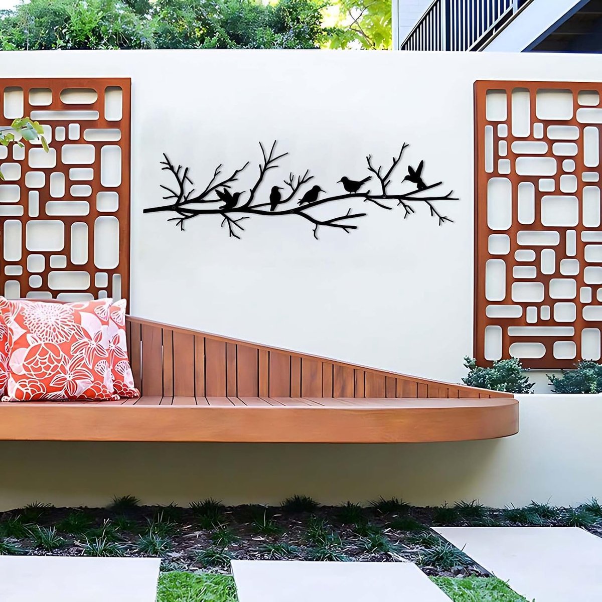 Metalen vogels muurkunst voor huisdecoratie - zwarte vogels op tak silhouet opknoping sculptuur, buiten hangende muursculptuur voor thuis balkon tuin - perfect housewarming cadeau